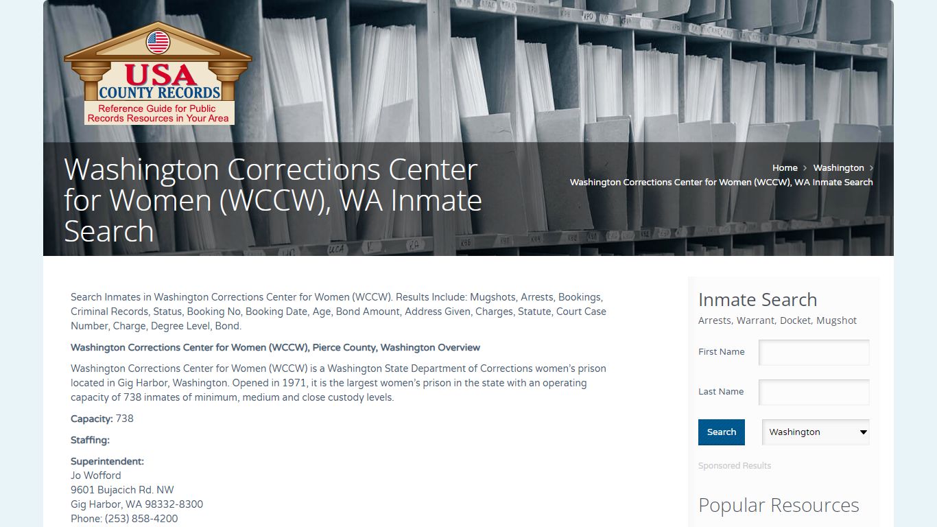 Washington Corrections Center for Women (WCCW), WA Inmate Search
